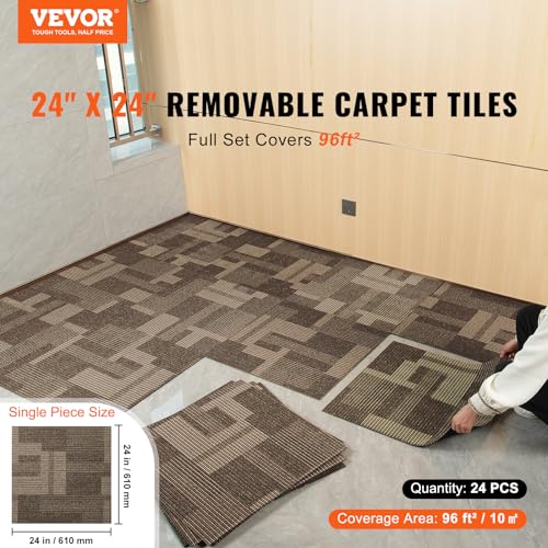 Image of VEVOR Carpet Tiles Reusable, 24 PCS, 24 inchx 24 inch, Squares Soft Padded Carpet, Carpet Floor Tiles Easy DIY for Bedroom Living Room Indoor Outdoor (Mixed Brown, 96 sqft /Box)