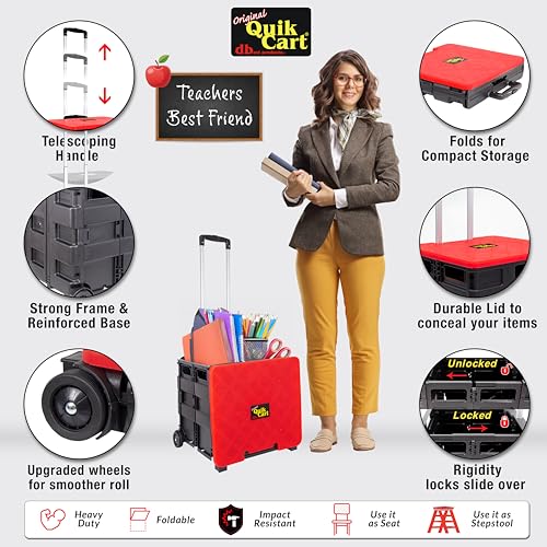 Image of dbest products Quik Cart Collapsible Rolling Crate on Wheels for Teachers Tote Basket 80 lbs Capacity, Made from Heavy Duty Plastic and used as a Seat, Standard, Red
