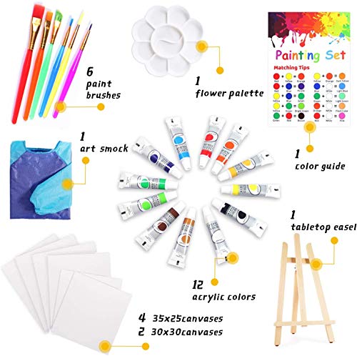 Paint Set Toy for Kids 27 Pcs of Acrylic Kids Painting Set Supplies Drawing Easel, Paintbrushes, Canvas, Palette, Smock, Travel Bag Art Crafts Painting Kits for 4-12 Years Old Boys & Girls Gifts