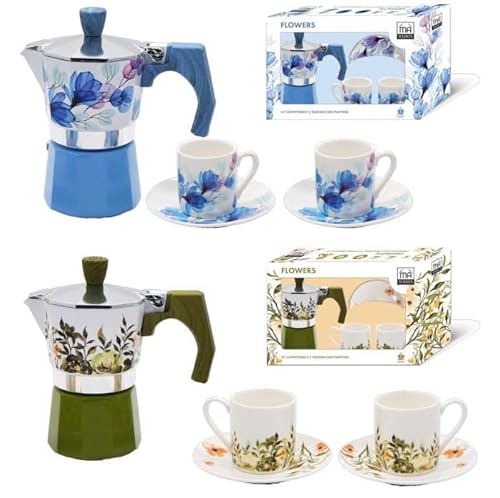 MA MAISON Set Caffettiera + 2 Tazzine per Caffè Porcellana e Alluminio Caffettiera Moderna a Fantasia Set Regalo Idea Regalo Pausa Relax