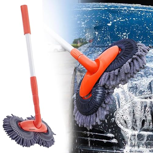 Image of Car Wash Mop with Long Handle, Telescopic Rotating Car Mop, Car Wash Brush Car Cleaning Brush Tool, Double Head Windshield Cleaner Caravan Accessories for Car Washing /Mopping /Glass Cleaning