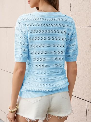Image of Saodimallsu Womens Short Sleeve Crochet Sweaters Summer Boho Pullover Tops
