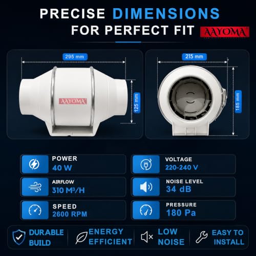 Image of Inline Duct Fan 5 Inch | 40W Quiet Ventilation Extractor | 2600 RPM | 310m /h Airflow | 34 dB Silent Exhaust Fan for Grow Tent, Kitchen, Bathroom & Hydroponics - With Copper Motor