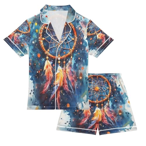 ALAZA Dreamcatcher Watercolor Ethnic Satin Pajamas Set Short Sleeve Button Down Sleepwear Summer Pjs 2 Piece