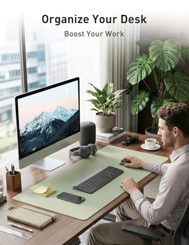 Image of Aothia Faux Leather Desk Mat - Non-Slip PU Leather Desk Blotter, Waterproof Writing Surface, Large Desk Pad for Office & Home (Grass Green, 55 inch x 17 inch)