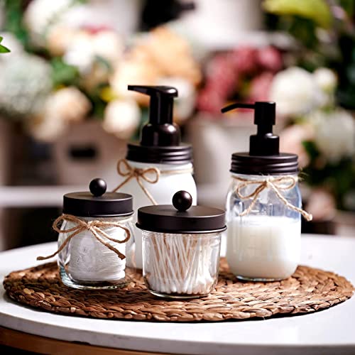 Amolliar Mason Jar Bathroom Accessories Set(4 Pack) -Bronze-Lotion Soap Dispenser&Qtip Holder Set&Toothbrush Holder-Rustic Farmhouse Decor Apothecary Jar Bathroom Countertop,Vanity Organize (Bronze) #TOP6