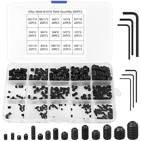 300 Pieces Grub Screws Assorted, Alloy Carbon Steel Hex Grub Screws M2.5 M3 M4 M5 M6 M8 Metric Cup Point Grub Screws with 6 Pieces Alley Keys for Home Industry Cover