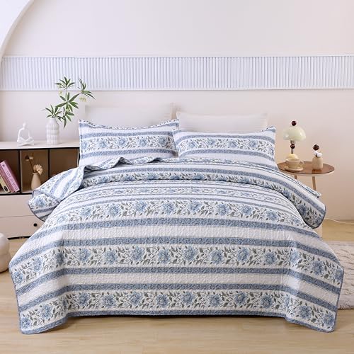DURLENGEN Quilt Set King Size 3Pcs,Purple Floral with Striped Pattern,Soft Microfiber Lightweight Bedspread for All Season Layering(King 106x96,Purple Floral Striped)