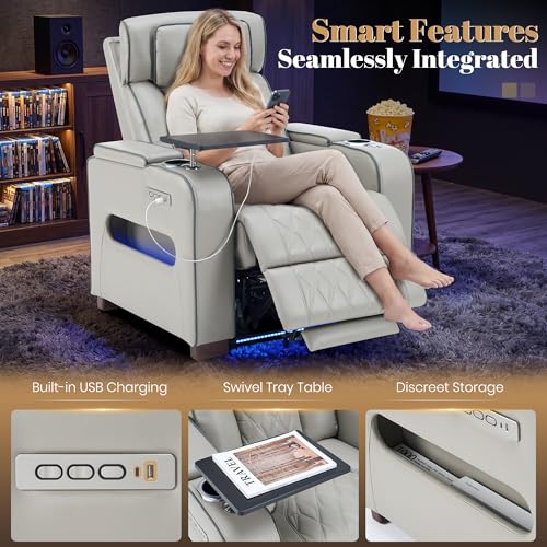 Image of Luxury Home Theater Seating, Dual Motor Power Recliner Chair with Adjustable Headrests, Reclining Movie Theater Seats with Extended Footrest, Tray Table for Living Room (Grey)