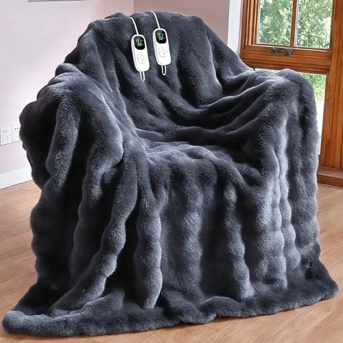 Image of IUUI Electric Heated Blanket Queen 84''x90'',Luxury Faux Rabbit Fur Heating Throw Blankets,Fast Heating with 1 /2 /4 /6 /8 /10 Hours,Overheat Protection, Quick Heating, Memory Function, Gift-Ready Design