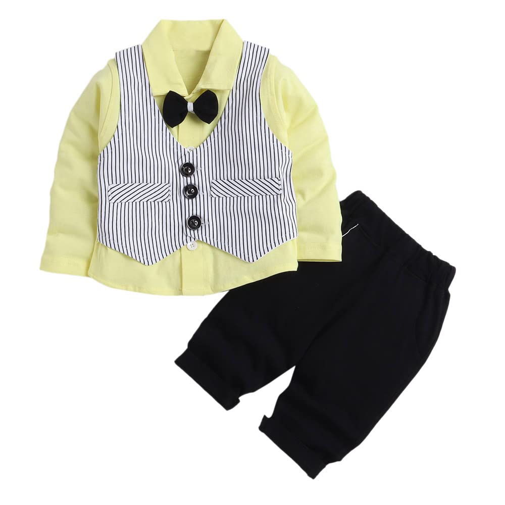 Boy's Cotton Solid Stripe Print Shirt Pants Set with Waistcoat