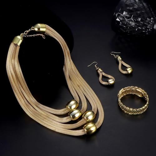 JOERICA 3Pcs Multi-Layer Bib Necklace African Jewelry Set for Women Choker Necklace Stretch Cuff Bracelet Dangle Earrings Halloween Costume Jewelry Set3