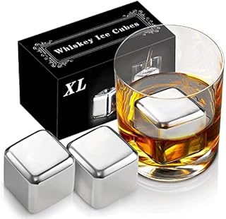 2 Large 64cm³ Whiskey Stones - Reusable Stainless Steel Metal Ice Sphere Cubes Beverage Chilling Rocks Whiskey Stones for Red Wine, Bar Beer, Scotch, Vodka Drinks - Silver