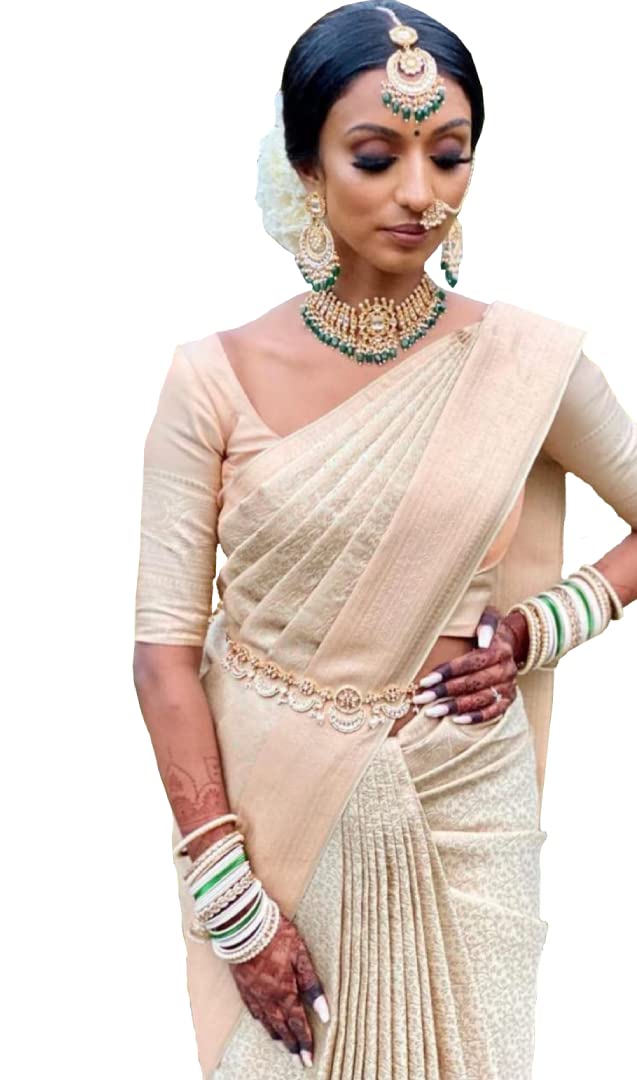 MT Madhav Textileswomen s Kanjivaram Kanchipuram Soft Silk Golden & Copper Zari Saree With Jacquard Blouse Piece