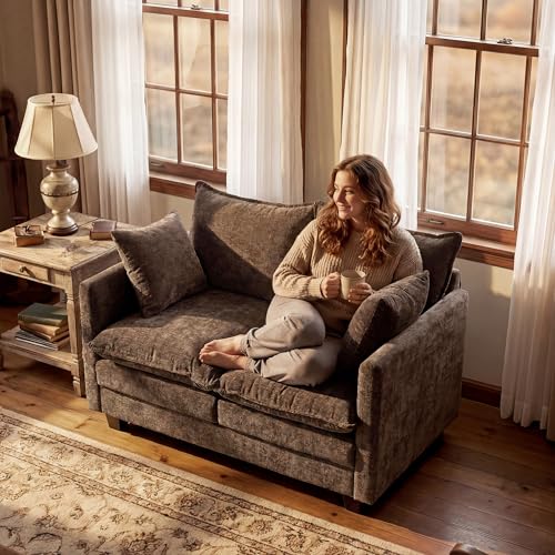 Image of Loveseat Sofa with Cloud 3-Layer Cushion & 27 inch Deep Seat, Modern Love Seat Small Couch with 2 Washable Pillows for Small Spaces, Bedroom, Apartment, Office, Living Room, in a Box, 50-Inch Cocoa Brown