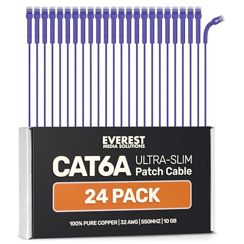 Image of Everest Ultra Slim Cat6a Ethernet Patch Cables 1.5ft (24-Pack) Purple | Bendable, Thin and Flexible