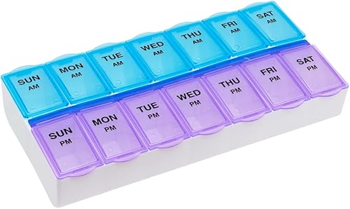EZY DOSE - Pastillero semanal (7 días), parte inferior contorneada para facilitar tomar las pastillas, grande, azul/morado (AM/PM)