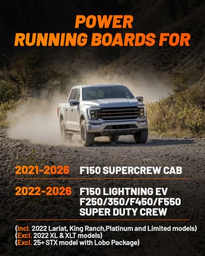 Image of WOLFBOX Power Running Boards for 2021-2026 F150 Supercrew Cab, 2022-2026 F150 Lightning EV /F250 /F350 /F450 /F550, Automatic Electric Retractable Side Steps with Waterproof LED Lights and Motor