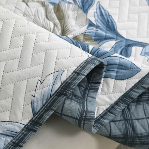 Image of HOKIPO 'HomeHues Series' Printed Quilted Sofa Seat Mat for 2 Seater Sofa with 2 Armrest Covers with Pockets, Celadon Blue Camellia (IN-807-D8 + IN-814-D8*2)