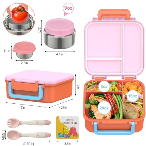 Image of Kids Bento Lunch Box with 9oz Soup Thermo Leakproof Lunch Food Containers 4 Compartment with Insulated Hot Food Jar for Kid Toddler Girls Boys to School, Trvael