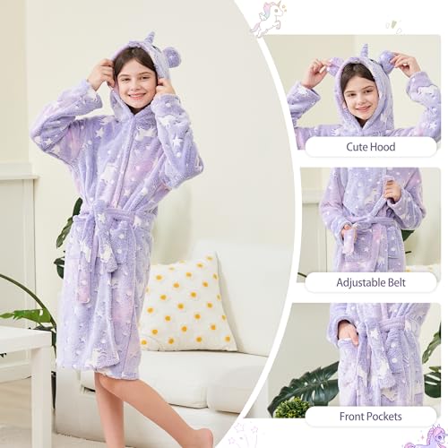 Girls Fleece Hooded Robes Soft Bathrobe for Kids - Glow in the Dark Unicorn Gifts for Girls, 3-14 Years2