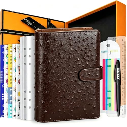 PU Leather Personal Notebook Planner with 80 Pages Loose-Leaf Papers 6 Holes Ring Binder Pen Holder Magnetic Buckle(Dark Brown Faux Ostrich Leather, A5 Gift Box)