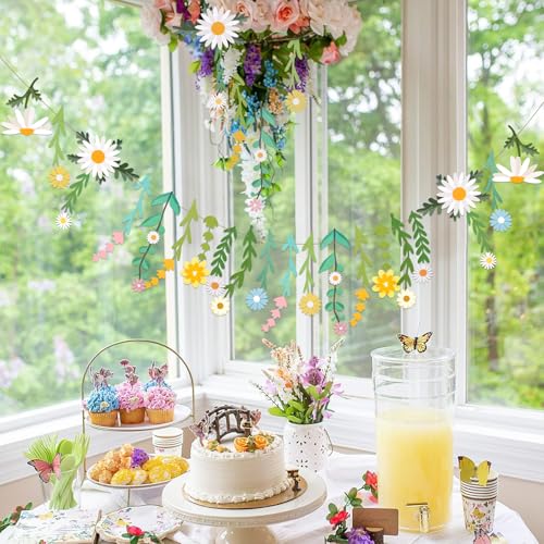 Image of Flower Leaves Banner Paper Flower Garland Paper Wildflower Party Decorations Floral Daisy Banner for Wall Decoration Spring Garden Backdrop Wedding Decor