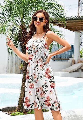 Image of Women's Summer Casual Dress Florals Buttons Down Ruched Sweetheart Neck Sleeveless Midi Sundress