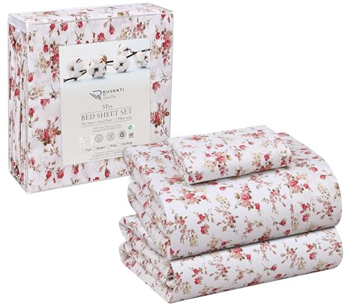 RUVANTI 100% Cotton Twin XL Sheet Sets, 3 Pieces, Soft & Breathable Percale Weave Bedding, Deep Pocket 16", Hotel Standard, Crisp Cool Feel, Durable, Perfect Size Floral Sheets, Bouquet