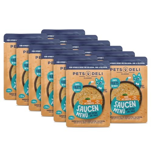 Pets Deli Nassfutter für Katzen 'Saucen Menü' mit Putenfilet und Karotte ohne Zucker und Gluten 12 x 70g