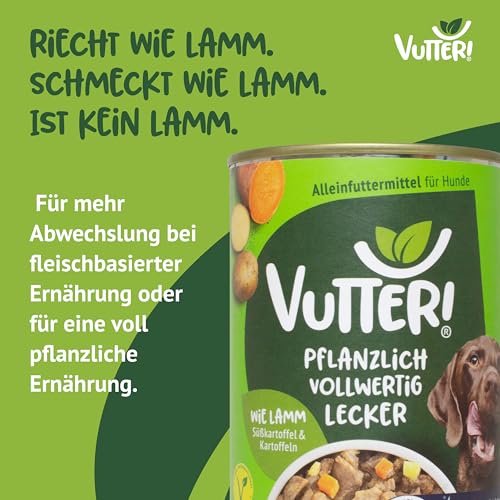VUTTER Nassfutter Wie Lamm, 12x400 g: Hundefutter Vegan - Alleinfutter für Hunde - Fleischähnlich für hohe Akzeptanz - Sojaprotein für Muskeln, Zink für Haut & Fell, Kalzium für Zähne & Knochen