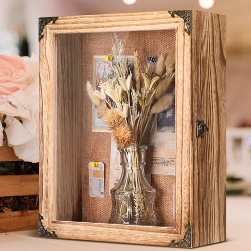 Cinnvoice Caja de sombra extra profunda de 11 x 14 pulgadas de profundidad, cajas de sombra de 4.7 pulgadas con respaldo de tablero de corcho, caja de madera quemada rústica para ramo de flores, boda,