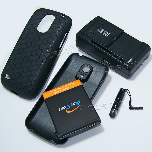 AceSoft 6400mAh Extended Double Layer Battery Universal Desktop Charger Black Back Door Cover Soft TPU Full Edge Protection Case Stylus Compatible with Samsung Galaxy S4 Mini I9190L Phone