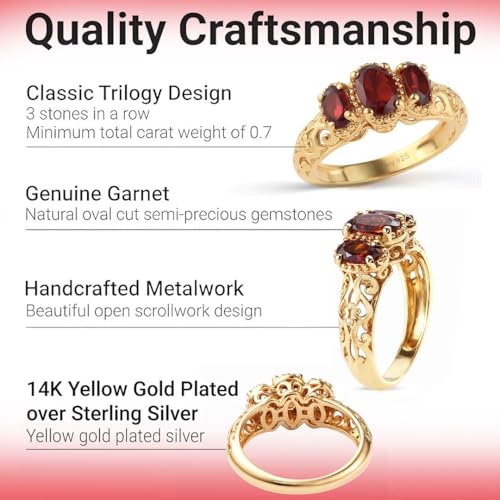 3 Stone Garnet Ring for Women in 14K Gold Plated 925 Sterling Silver - January Birthstone Promise Engagement Vintage Red Garnet Jewelry Birthday Gifts for Womens3