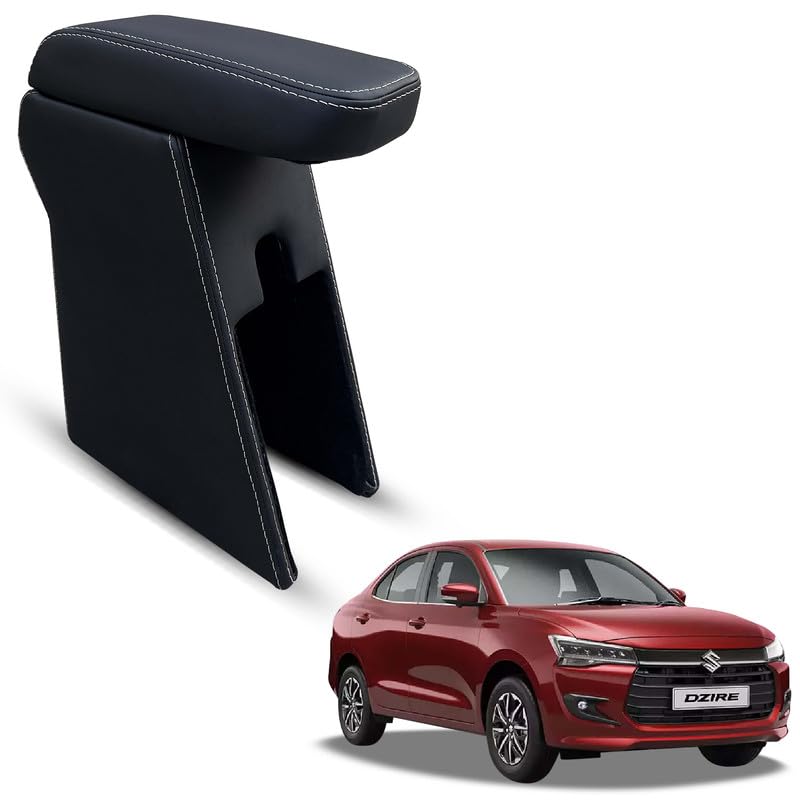 Image of Carigiri Premium Finish Car Armrest with Storage Box And High Density Moulded Foam For Maruti Suzuki Dzire (Models-2024,2025)(ONLY FOR VXI,VDI /ZXI,ZDI /ZXI+ MODELS) (White Seam,Nappa Leather)