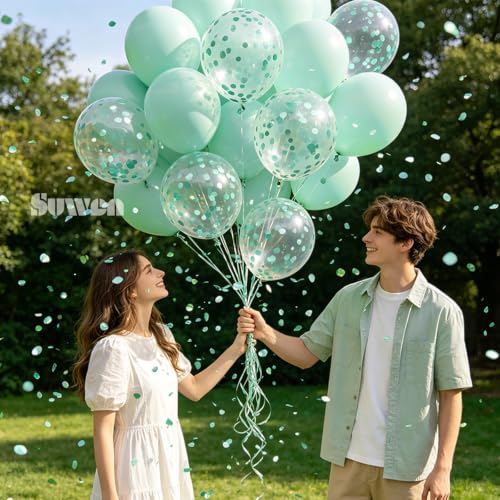 Image of SUWEN 47PCS Mint Green Latex and Confetti Light Pastel Green Balloons Set