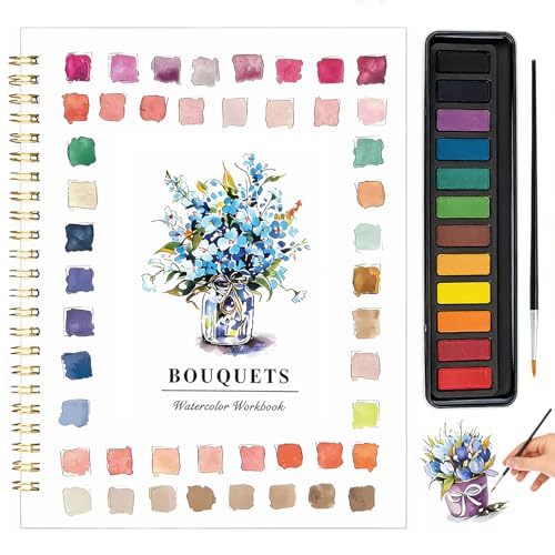 Watercolor Workbook for Beginners - Complete Watercolor Painting Kit with 12 Color Paint Set & Brush | Step-by-Step Art Book for Adults Hobby Gift for Friends.