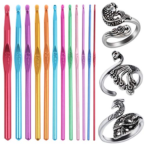 15 PCS Crochet Needles Knitting Loop Ring Kits, 12 Sizes Multicolor Aluminum Crochet Hooks Handle Knitting Needle with 3 PCS Metal Yarn Guide Finger Holder Ring Adjustable Knitting Loop, 2mm-8mm