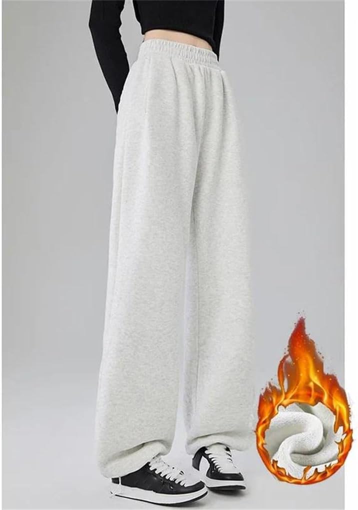 Women's Warm Loose Straight Leg Pants Lady Chic Daily Trousers High Waist Fleece Thermal Pants