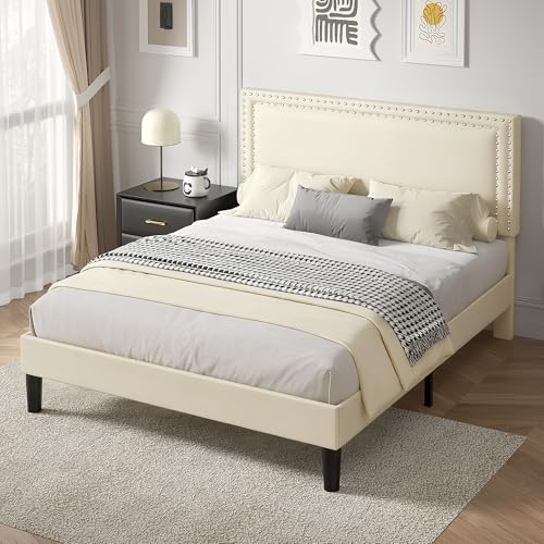 Image of VECELO Full Size Platform Bed Frame with Height Adjustable Upholstered Headboard, Modern Mattress Foundation,Strong Wood Slat Support, No Box Spring Needed, Easy Assembly,Beige