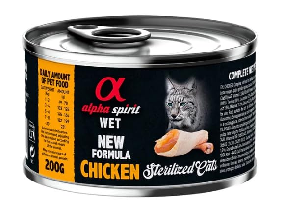 Alpha Spirit Alimento Húmedo Completo para Gatos Esterilizados Pack De 6 Latas (Pollo, 6 latas x 200 Gr)