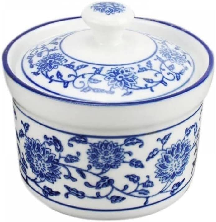 Sucrier, Sucrier en céramique Pot à soupe bleu et blanc Pot de stockage assaisonnement avec couvercle