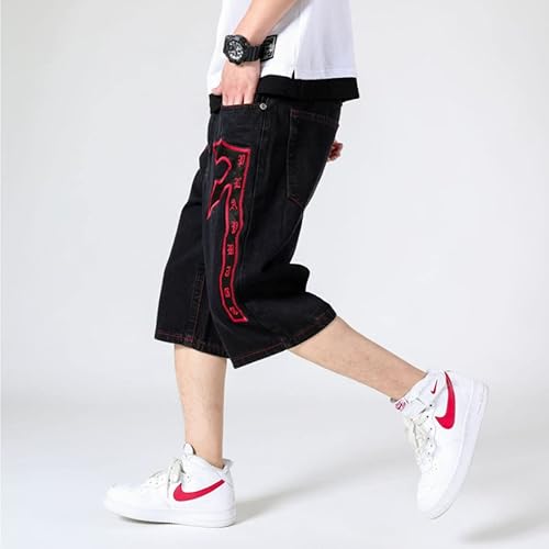 Miniatura 4 de HZCX FASHION Pantalones cortos de mezclilla largos bordados de talla grande para hombre, debajo de la rodilla, pantalones capri