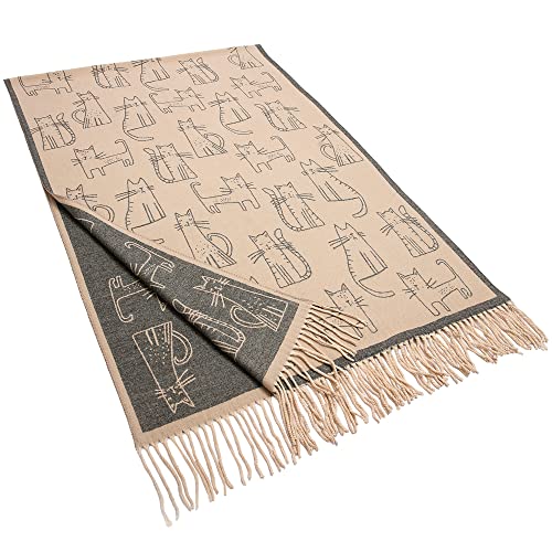 Women's Fringed Scarf Cat Print Pattern Cape Winter Cashmere Feel Shawl Warm Wrap Grey and Beige4