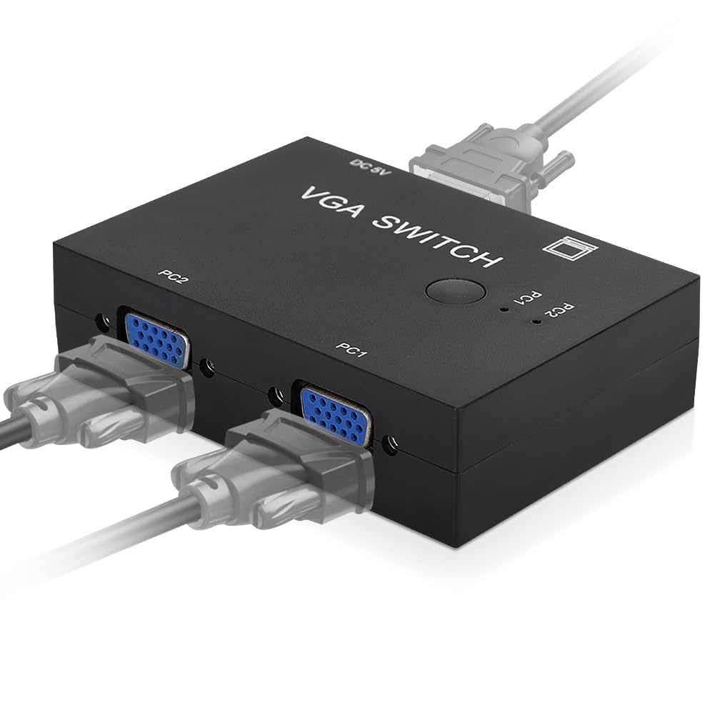 Conmutador VGA de 2 PC a 1 Monitor, VGA Switch 2 Entradas 1 Salida Caja de Selección Splitter Adaptador VGA Resolución, para Ordenador PC Portátil Sobremesa Soporte VGA XVGA SVGA UXGA
