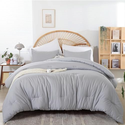 Image of weigelia Grey Queen Comforter Sets - Soft Warm Light Grey Comforter for Queen Size Bed (1 Comforter, 2 Pillowcases)