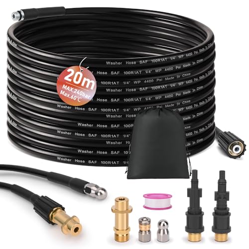 Manguera de limpieza de tuberías de 20 m, incluye 3 adaptadores, 2 boquillas rígidas + giratorias, juego de limpieza de tuberías para K2-K7, LAVOR, Bosch, Parkside, limpiador de desagüe, manguera de