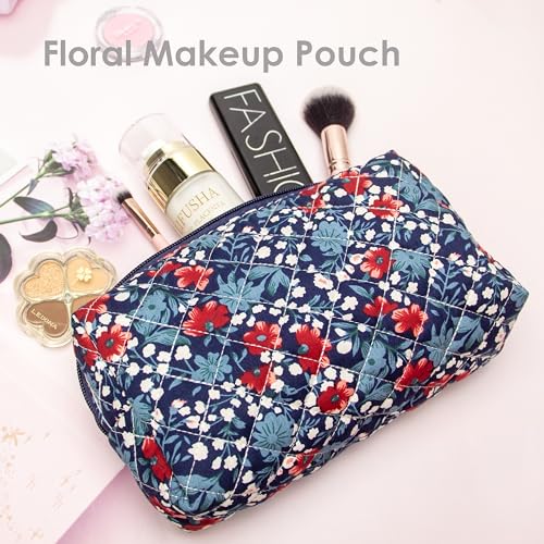 PAZIMIIK-Vintage-Quilted-Makeup-Bag-Cosmetic-Pouch-for-Brushes-Pencils-and-Travel-Make-Up-Accessories-for-Women-and-GirlsFloral-Navy-Blue