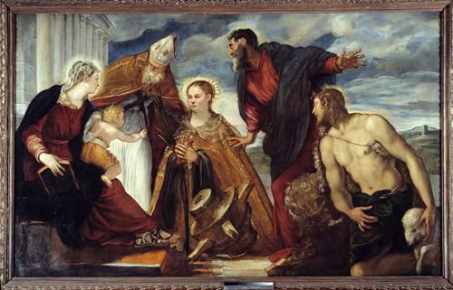 IPLUPJDY Lienzo Poster Clásicas Poster Cuadro Sobre Lienzo la Virgen y el Niño con Santa Catalina San Agustín San Marcos de Jacopo Robusti Tintoretto para Decoración de Paredes 60x90cm