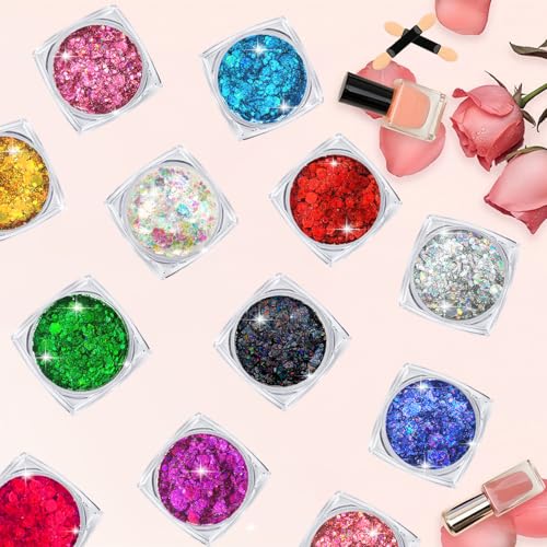 Body Glitter Face Glitter Hair Glitter Gel, 12 Colors Holographic Chunky Glitter Makeup Festival Glitter for Women Girls Teen, Sparkling Face Paint Body Makeup Rave Accessories